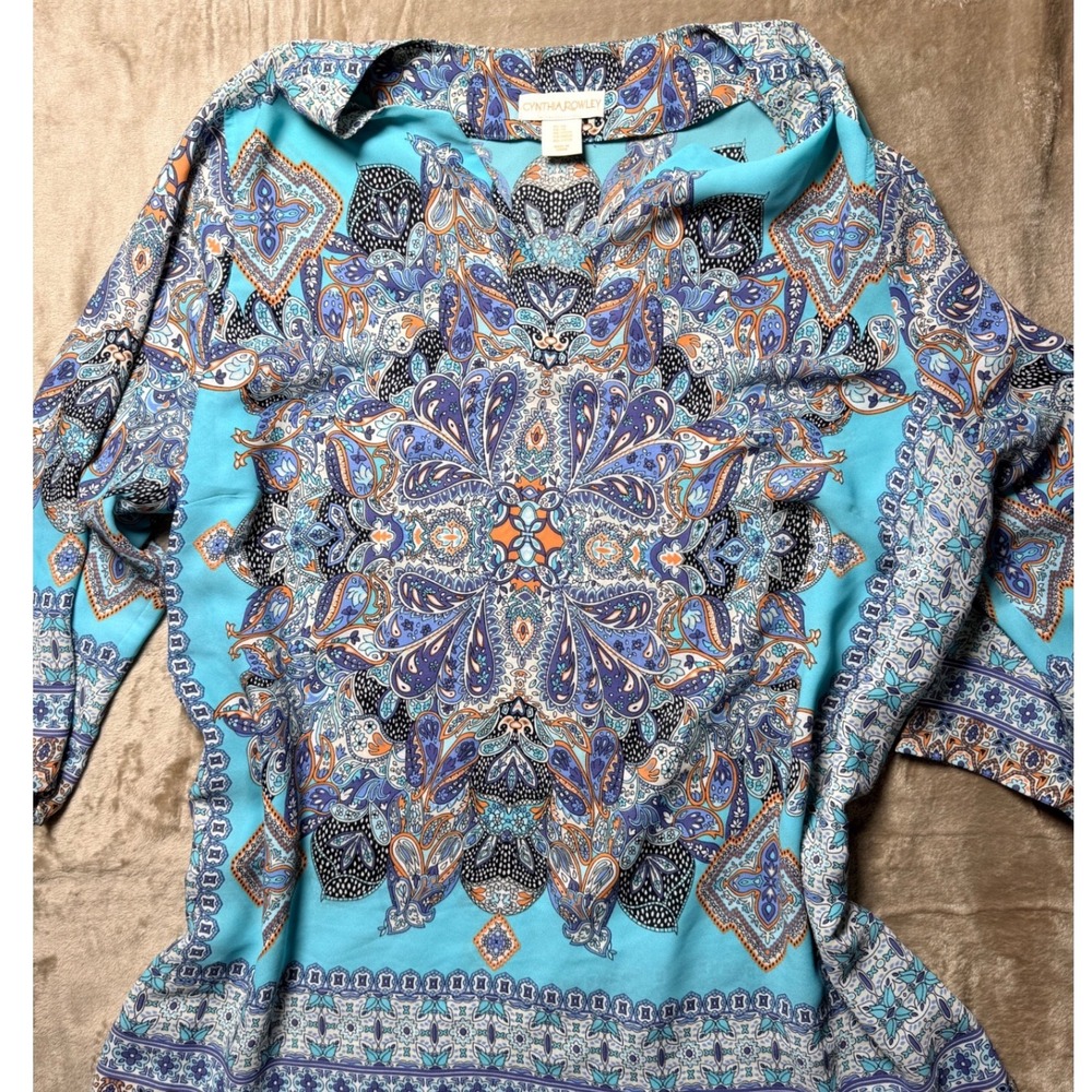 Cynthia Rowley Turquoise Blue Paisley Medallion Split Neck Tunic Blouse 2X